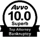 Avvo rating badge showing a score of 10.0, labeled "Superb" and "Top Attorney Bankruptcy.