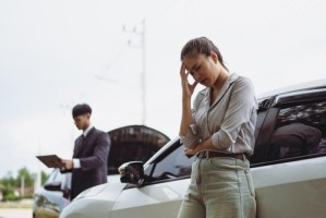 distressed woman leaning on vehicle while man reviews clipboard after car accident