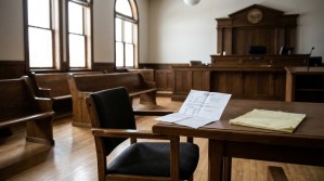 empty courtroom interior with legal documents on counsel table and judge's bench