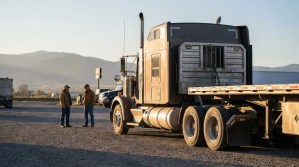 two men standing beside large semi-truck with flatbed trailer in gravel lot
