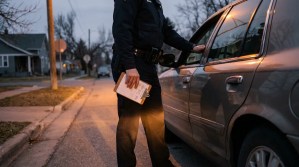uniformed police officer holding clipboard approaching vehicle during roadside traffic stop